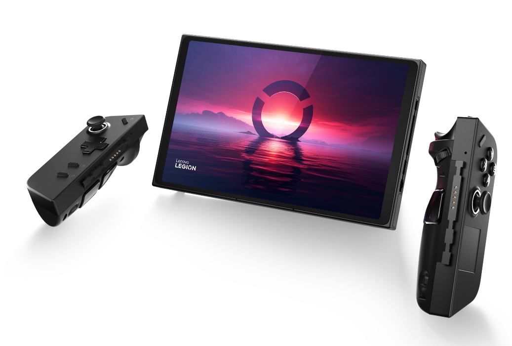 Lenovo Legion Go gaming handheld with detachable controllers removed, displaying a vivid sunset on the screen.