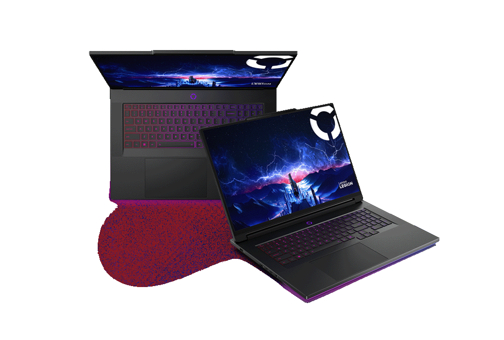 Deux portables Lenovo Legion 9i vus du dessus et du devant en angle avec effets de lumière RVB.