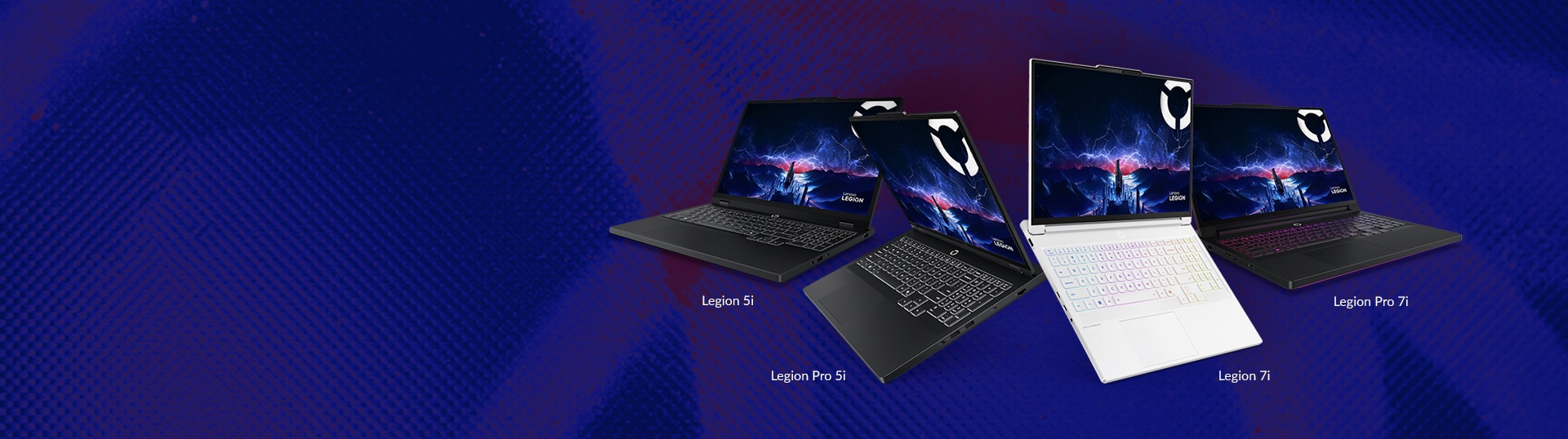 Quatre ordinateurs portables de jeux Lenovo Legion - Legion 5i, Legion Pro 5i, Legion 7i, et Legion Pro 7i - sur un fond texturé bleu et mauve.