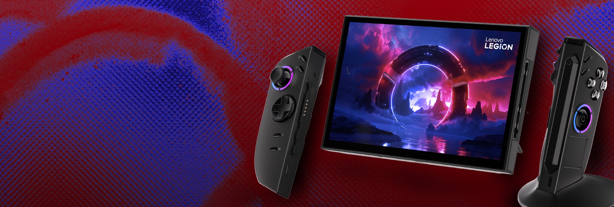 Un appareil de jeux portable Lenovo Legion Go Gen 2 (8,8 po) - vue avant, avec un remplissage d’écran avec logo Lenovo Legion sur l’écran et les deux manettes Truestrike séparées, celle de droite branchée dans une base pour le mode FPS.