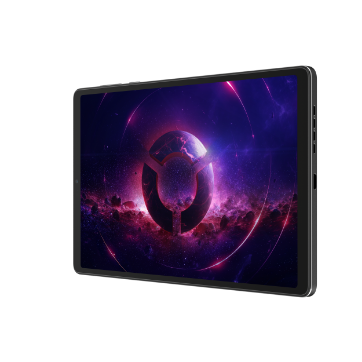 Vue latérale de la tablette Lenovo Legion montrant un logo Legion élogieux sur un écran au sujet de l’espace profond.