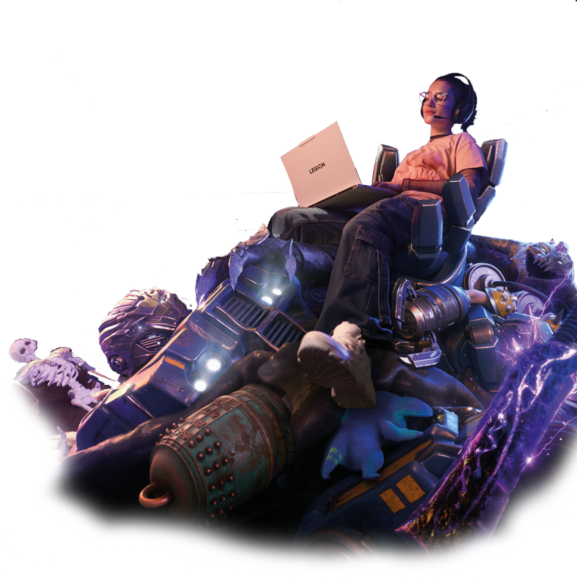 Femme présentatrice de jeu assis sur une pile de boss de jeux vidéo battus avec un Lenovo Legion 7i sur ses genoux.