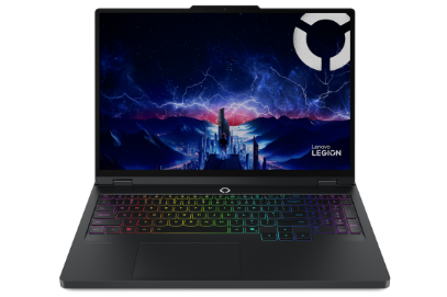 Un Legion Pro 5i Gen 10 à l’avant avec le clavier RVB activé et un papier peint coloré Legion sur l’écran.