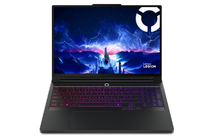 Un Legion Pro 7i Gen 10 à l’avant avec l’éclairage de clavier RVB sur avec un fond d’écran coloré du bureau Legion.