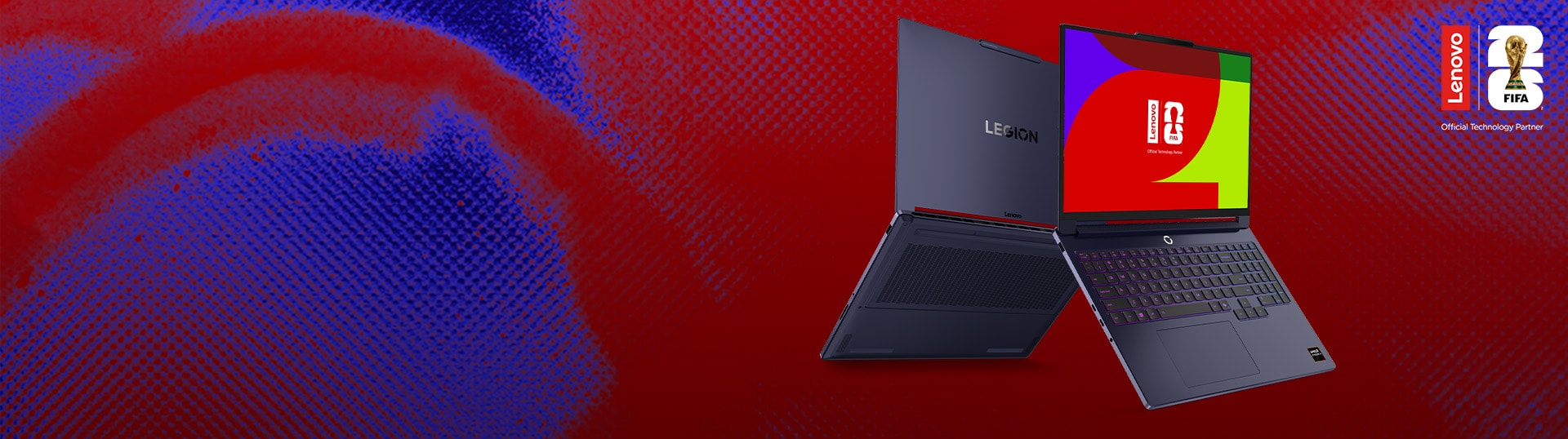 Открытый и закрытый игровые ноутбуки Lenovo Legion на красно-синем фоне; на экране — логотип Lenovo FIFA.