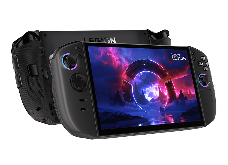 Портативная игровая система Lenovo Legion, вид спереди и сзади; на экране — неоновые кольца.