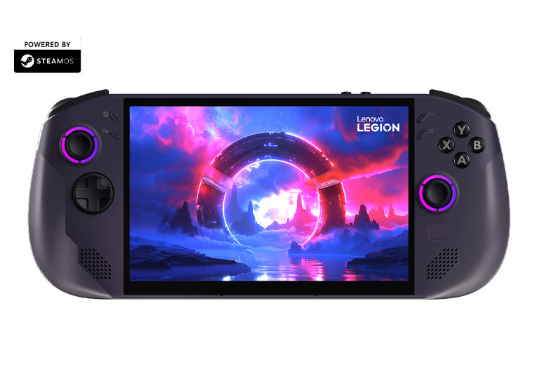 Front view of a handheld gaming device with 'Powered by SteamOS'; screen shows neon ring art, Lenovo Legion.