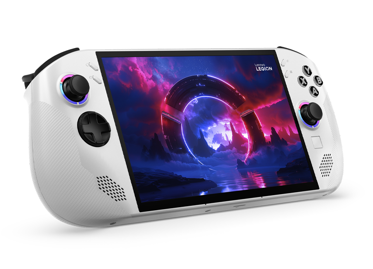 Angled white handheld gaming device with RGB accents; screen shows neon ring art, Lenovo Legion handheld.