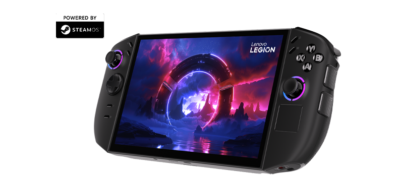 Портативная игровая система Lenovo Legion Go (8,8, 2nd Gen) — вид спереди: на экране — заставка с логотипом Lenovo Legion, оба контроллера Truestrike отсоединены, правый установлен на базе для режима FPS.