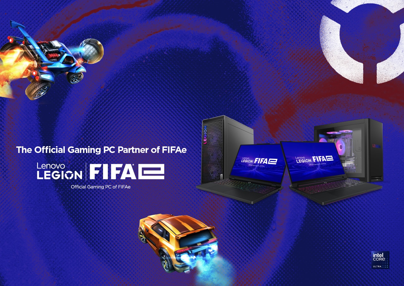 Banner announces Official Gaming PC Partner of FIFAe, showing two laptops and two desktops from Lenovo Legion.