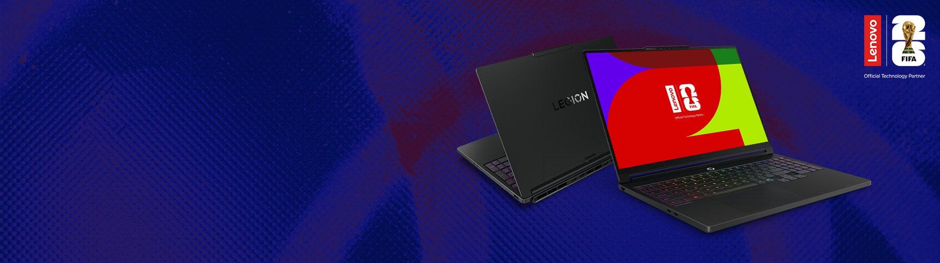 Two black gaming laptops, one open with Lenovo x FIFAe graphic and an RGB keyboard, from Lenovo Legion.