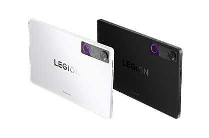 A Lenovo Legion Tab tablet – right-front view in landscape orientation, with a Lenovo Legion logo screenfill on the display.