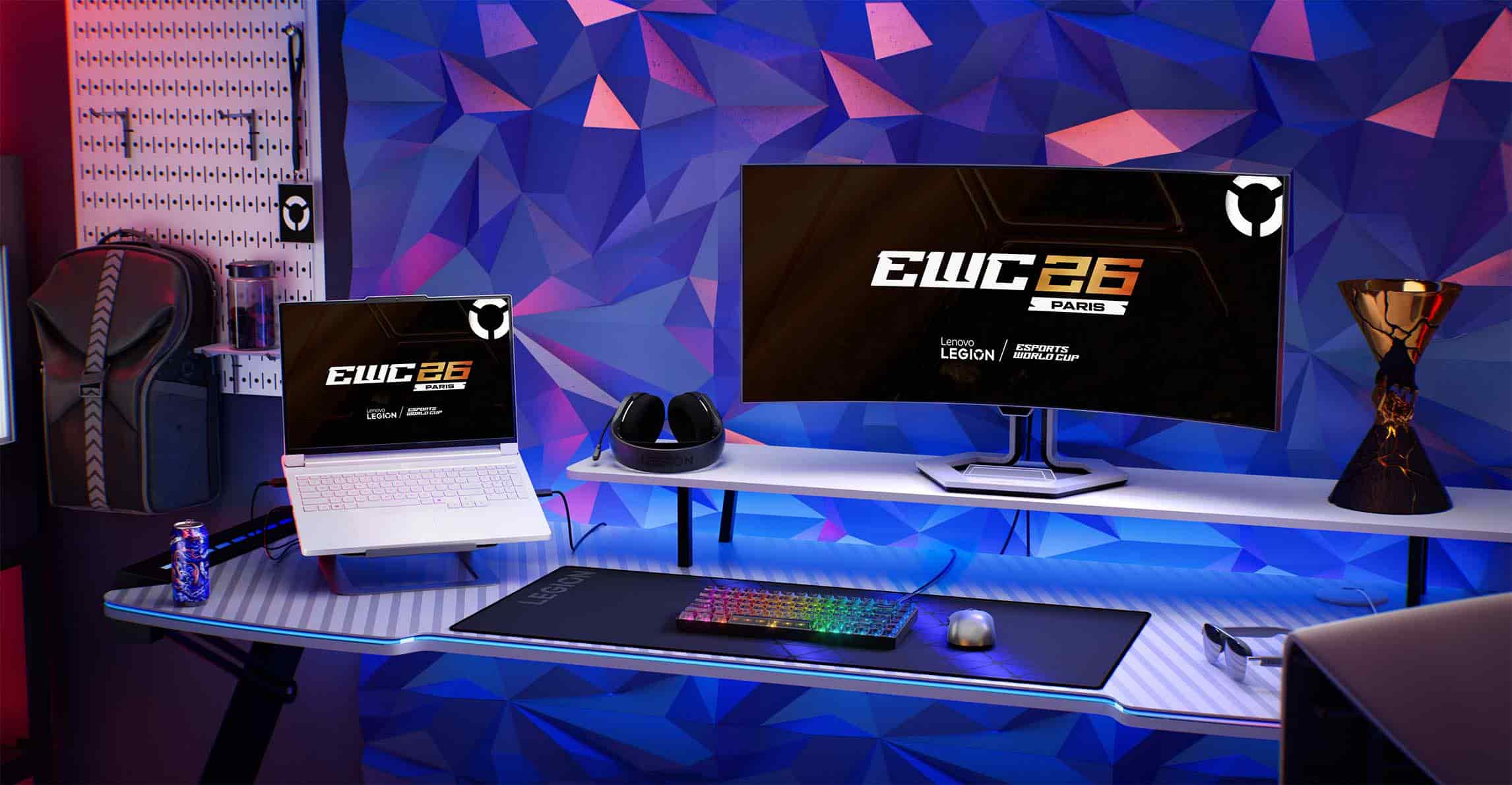 Ecosistema Legion con la laptop Legion Pro 7i, el monitor Legion, los auriculares y el teclado RGB que muestran la marca EWC 26 Paris.