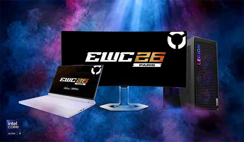 Gráfico promocional que muestra la laptop Legion Pro 7i, el monitor Legion y el escritorio Legion Tower 7i que muestra la marca EWC 26 Paris.