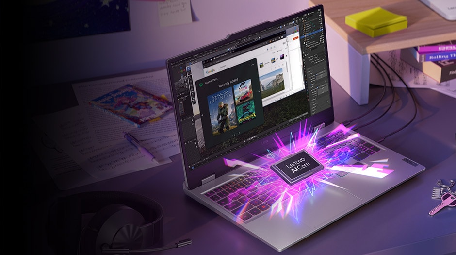 A Lenovo LOQ laptop on a desk with a graphical depiction of the Lenovo AI chip exploding from the device with many open Windows on the screen.