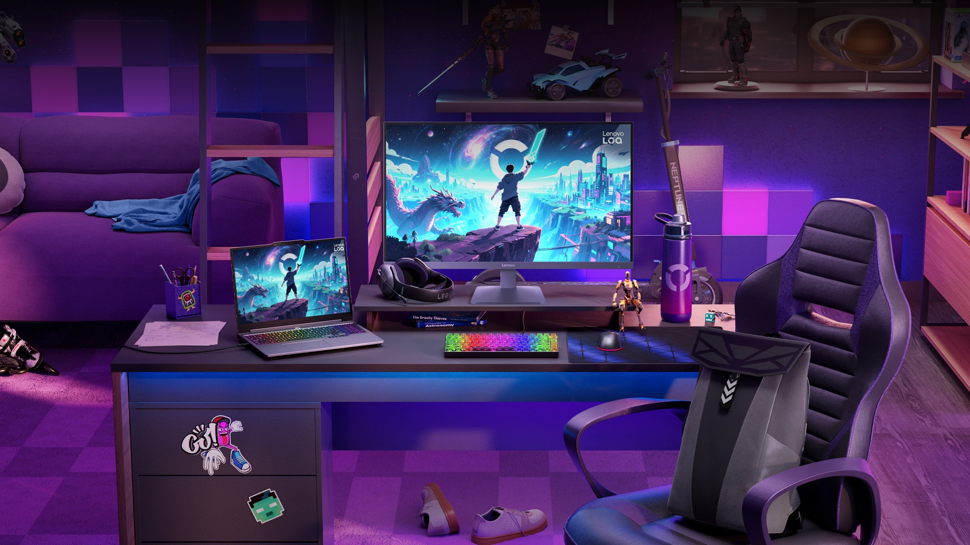 A desk inside of a dorm room set up with several Lenovo LOQ and Legion devices and accessories.