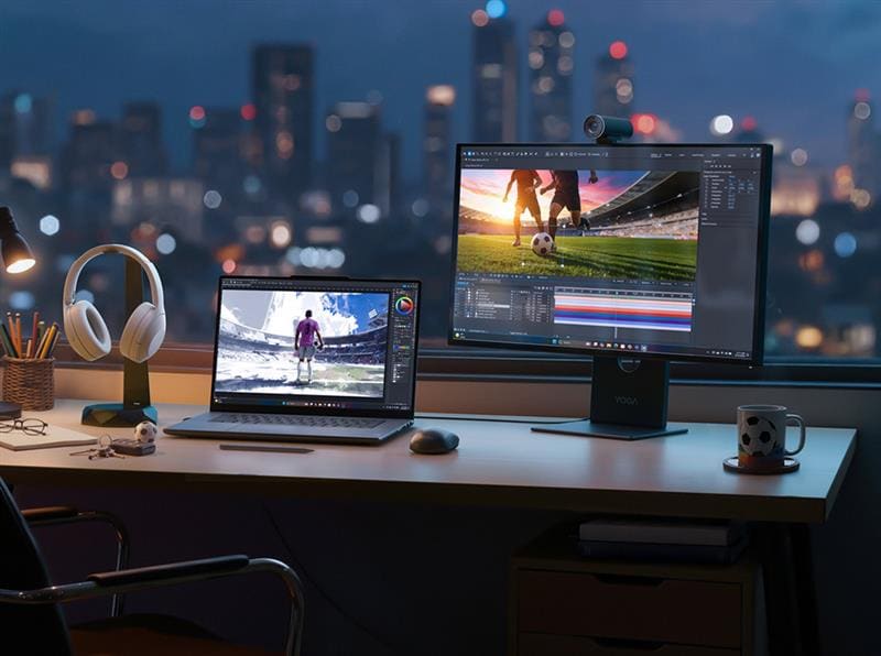 A Yoga laptop, monitor, mouse, and headphones sit atop a desk facing a window, overlooking a city skyline, along with a soccer-themed mug and keychain. The laptop and monitor displays show soccer players on fields in stadiums.