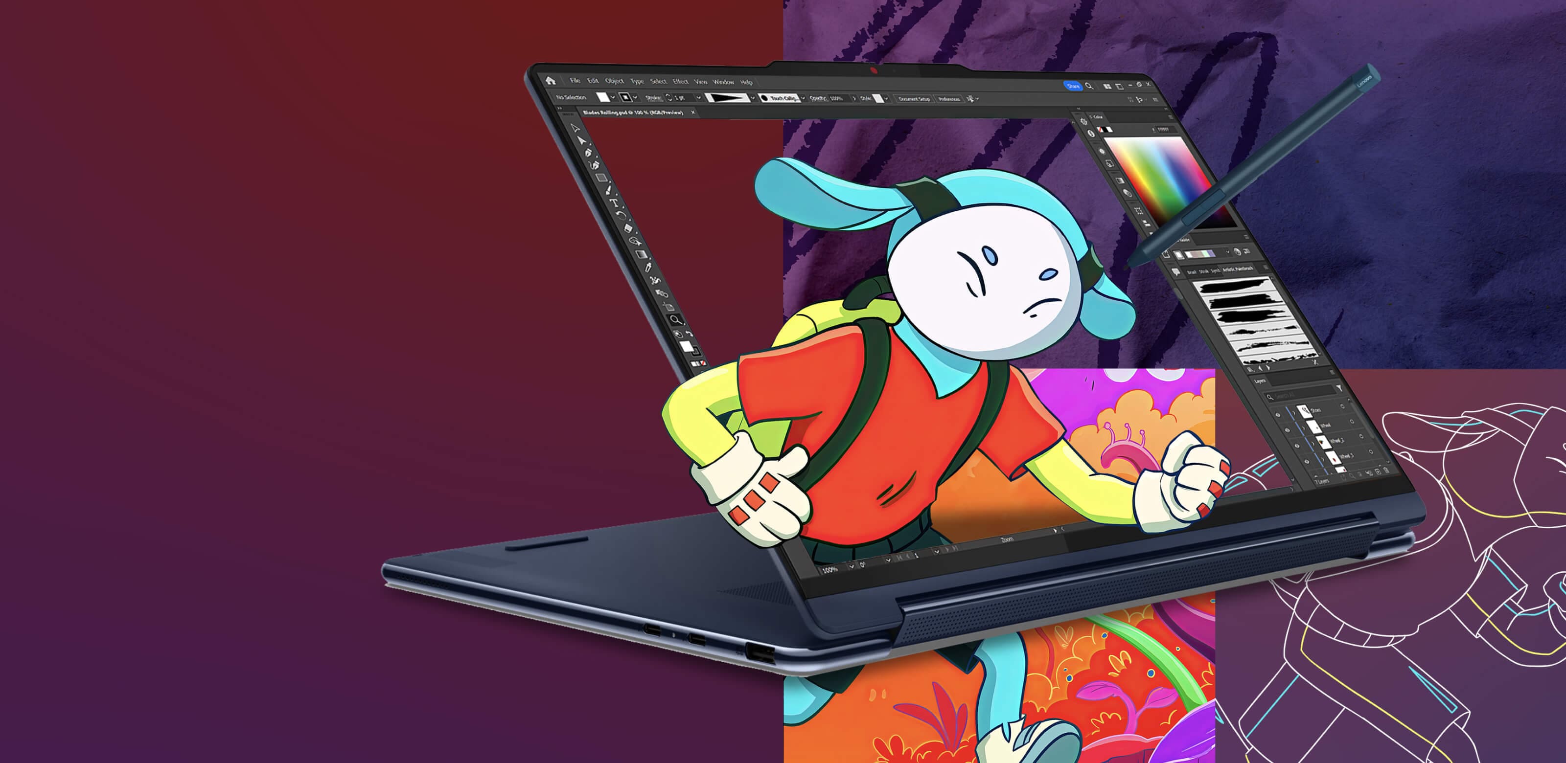Lenovo Yoga laptop in stand mode, displaying an image editor program on the screen with an animation character breaking out of the screen.
