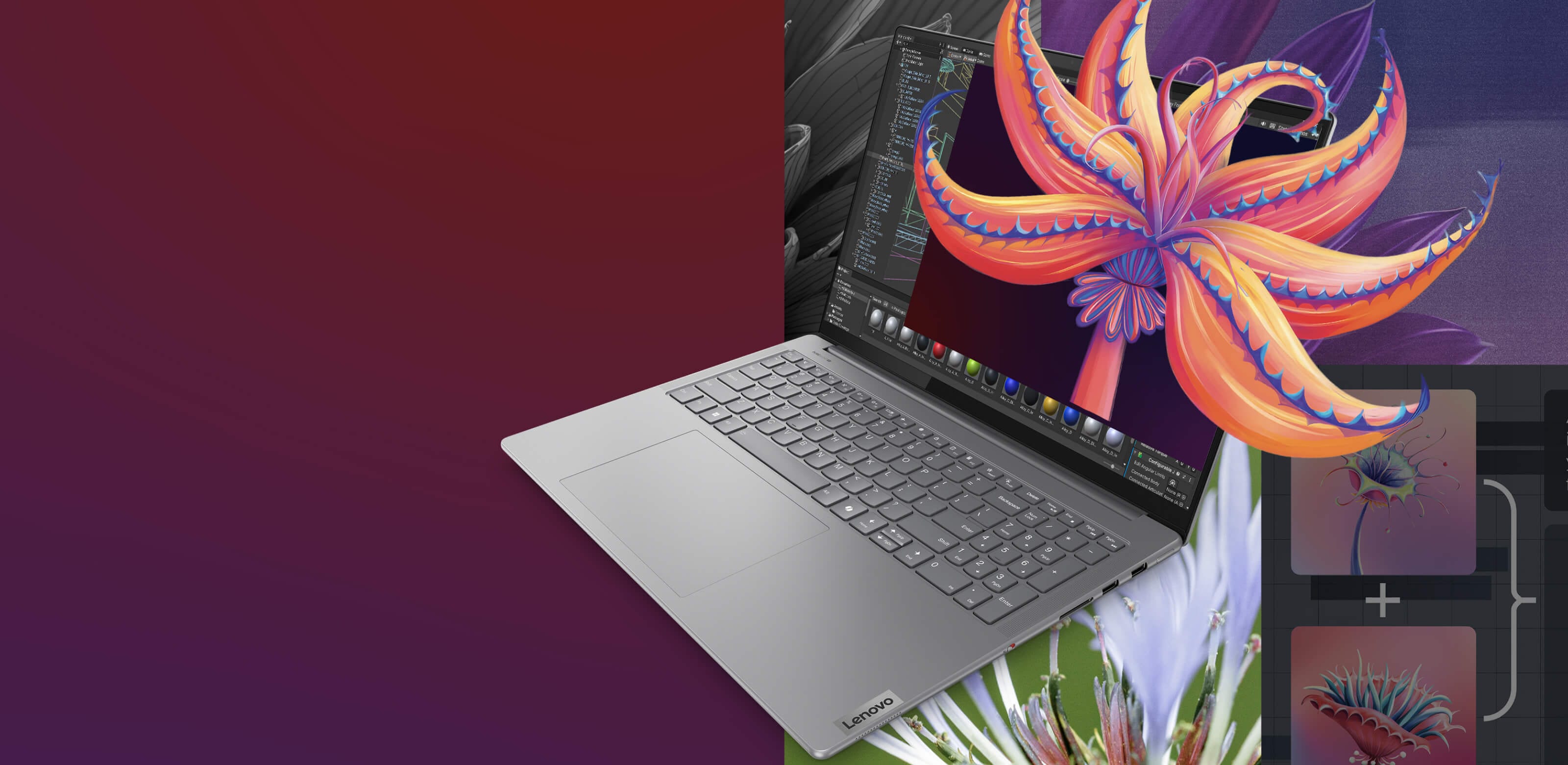 Lenovo Yoga laptop displays an 3D animation program on the screen with a computer generated flower illustration breaking out of the screen.