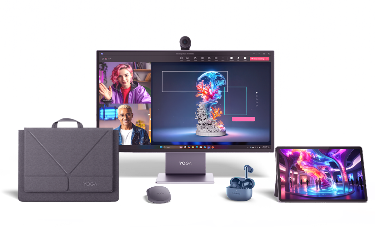 A Lenovo Yoga laptop amidst a variety of accessories and devices