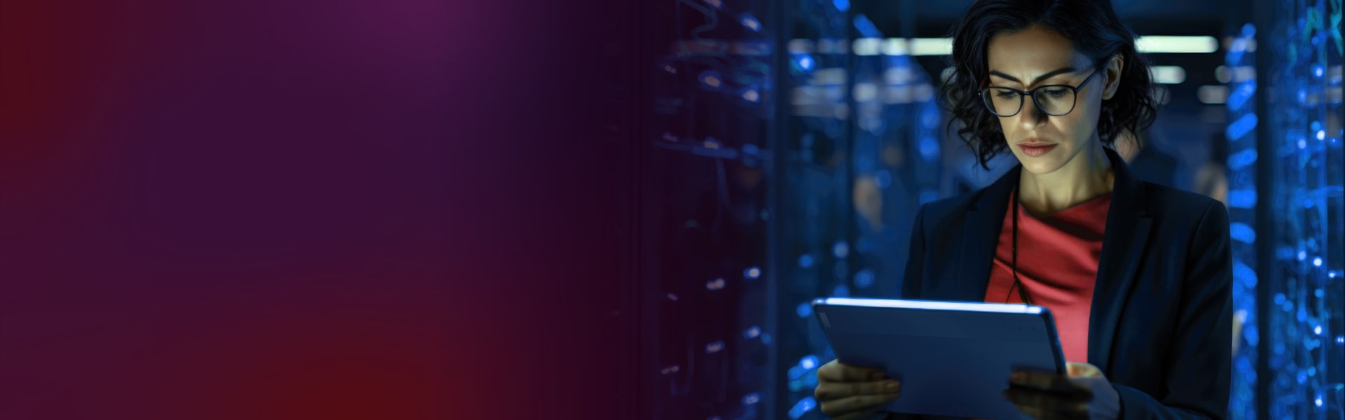 Woman in server room reviewing data on a tablet, surrounded by glowing server racks.