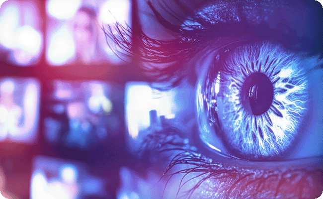 A woman's eye in close-up, framed by numerous screens showing diverse content and bright visuals.