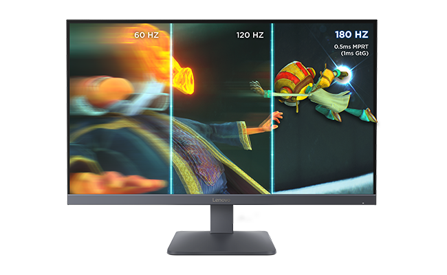 A LOQ monitor displaying a side-by-side comparison of motion clarity at 60Hz, 120Hz, and 180Hz refresh rates, with the image becoming progressively sharper.