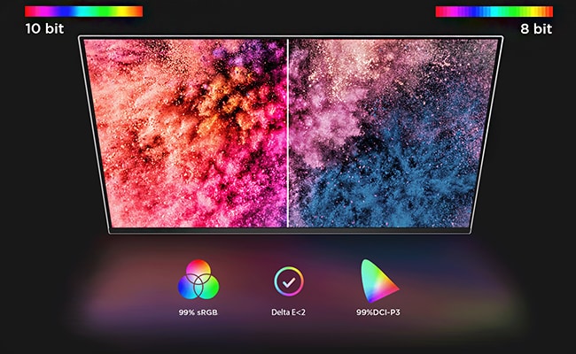 The monitor's screen displaying a vibrant full-screen image, highlights the exceptional color rendering capabilities of its PureSight OLED technology. מסך מחשב גיימינג 26.5 Legion Pro 27UD-10 מבית Lenovo