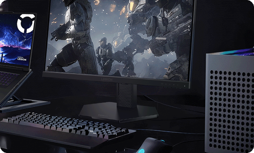 A complete set of desktop electronic game equipment, demonstrating the multi-device connection function of the Legion monitor. מסך מחשב גיימינג Legion 24-10 מבית Lenovo