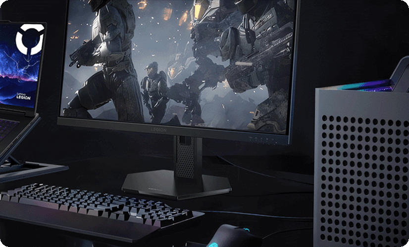 A complete set of desktop electronic game equipment, demonstrating the multi-device connection function of the Legion monitor.
