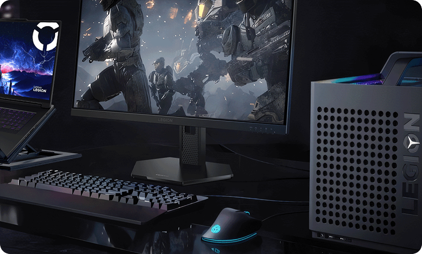 The lifestyle image showcases a complete gaming setup on a table, featuring the Legion-25q-10 monitor connected to a PC, keyboard, mouse, and other accessories.
