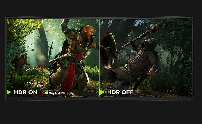 HDR ON vs HDR OFF comparison in a lush forest game scene, showing enhanced contrast and detail with Vivid HDR 400 enabled.