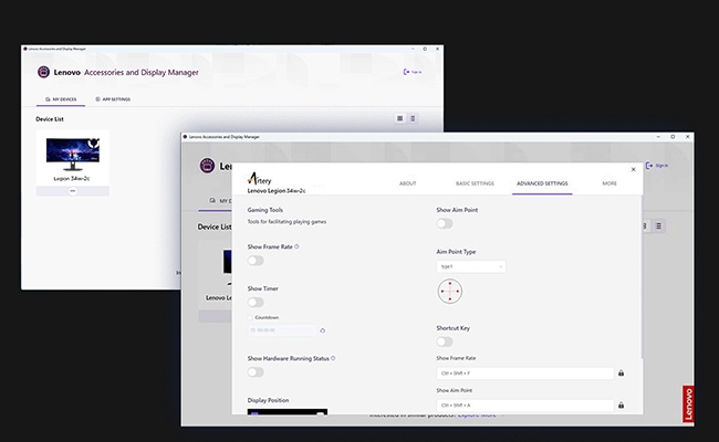 Lenovo Gaming Smart Appearance software interface showing facial recognition and eye-tracking settings for Lenovo Legion devices.