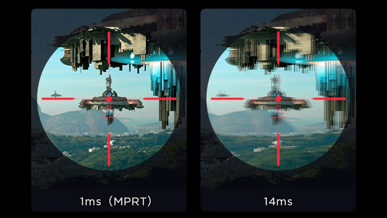 Shooting game aiming image shows the comparison between 1ms MPRT response time and 14ms response time.