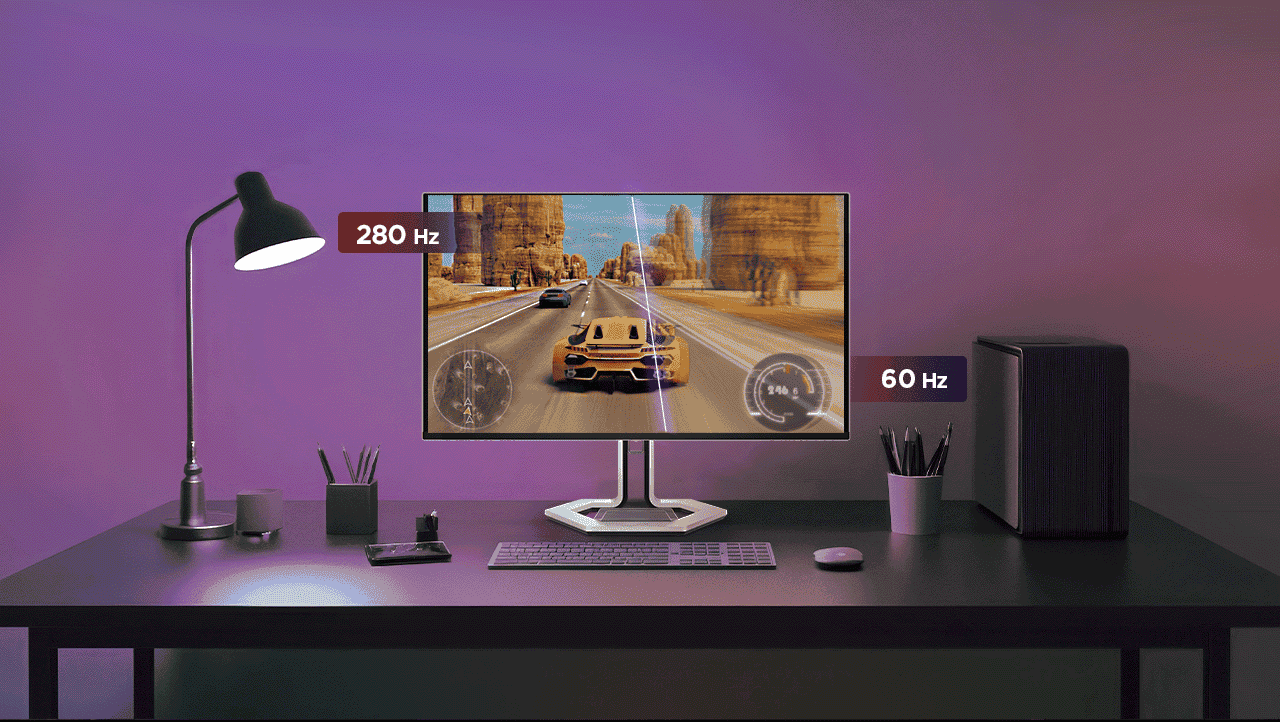 A lifestyle image featuring the Legion Pro27q-10 monitor displays a full-screen car racing game, highlighting the contrast between 280Hz and 60Hz refresh rates. מסך מחשב גיימינג Legion Pro 27Q-10&nbsp;מבית&nbsp;Lenovo
