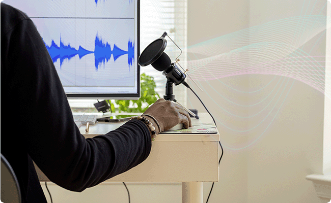 A person working at a desk with the L24d-4c monitor, featuring integrated dual 3W speakers and a microphone for seamless communication.