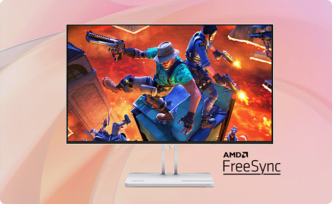 The front side of the monitor with gaming screen-fill pictures shows the seamless visuals.