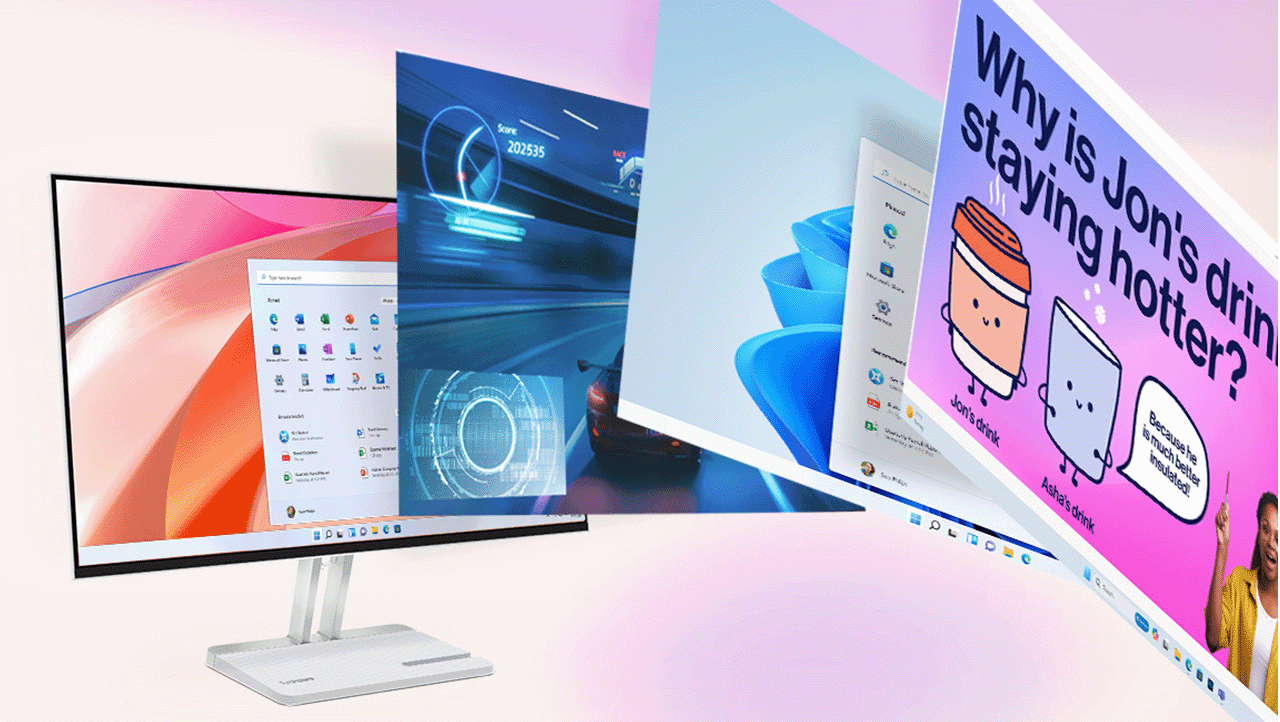 Lenovo l27-4c monitor with multiple windows displayed in a 3D carousel effect, highlighting vibrant visuals and 4-sided ultra-thin bezels design.