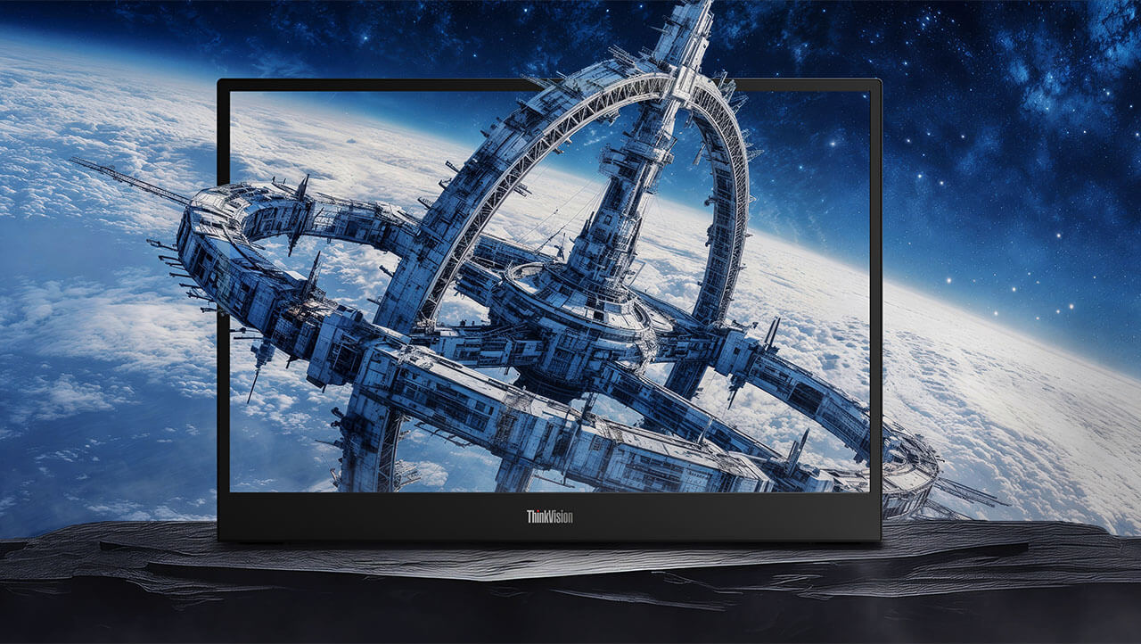 A futuristic space station is displayed on a Lenovo ThinkVision screen, blending seamlessly with a star-filled cosmic background, evoking wonder and technology.