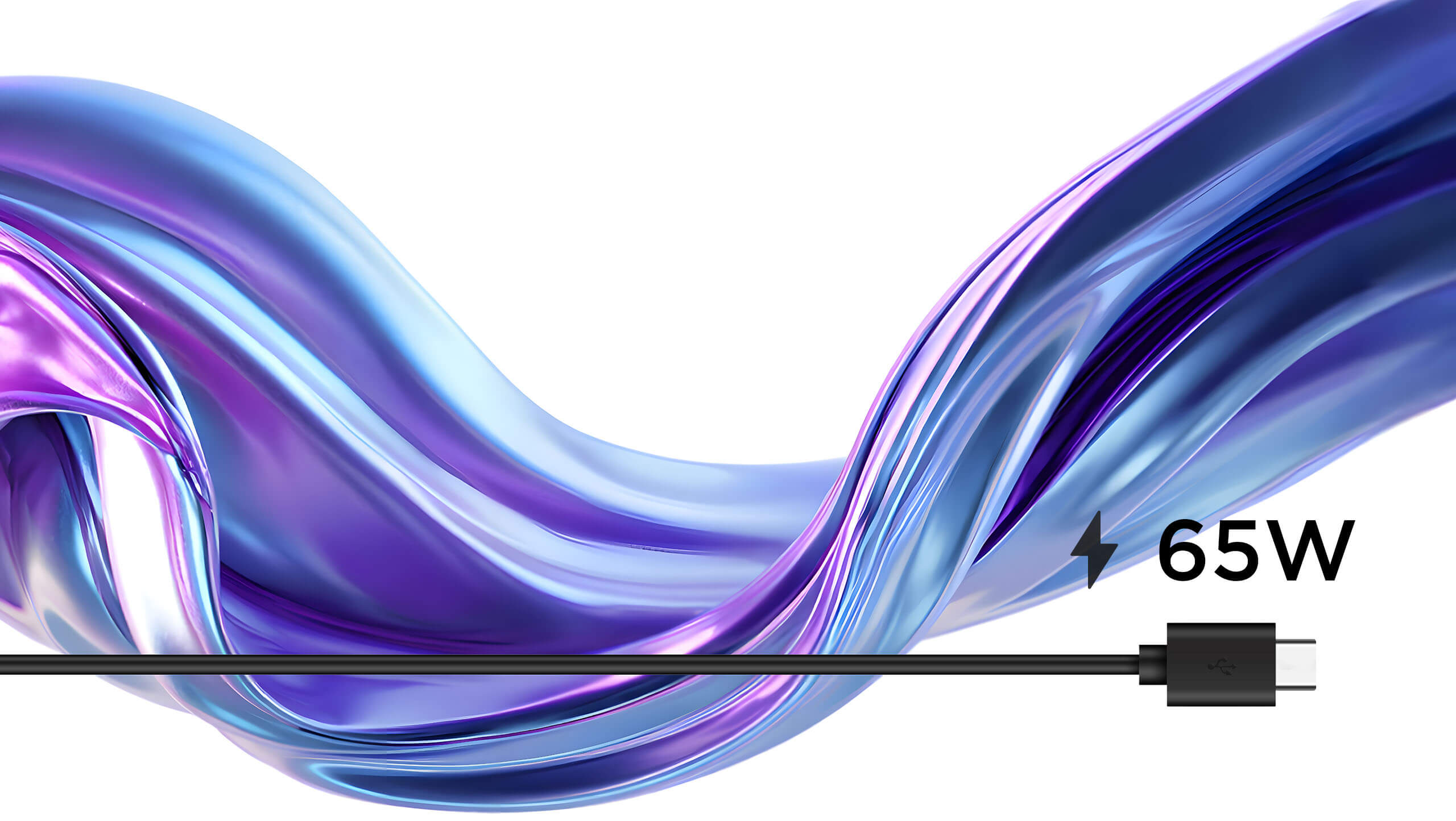A monitor displays a purple-hued landscape with cliffs. Surrounding it are swirling purple and blue ribbons and a glossy blue sphere, conveying a futuristic vibe.