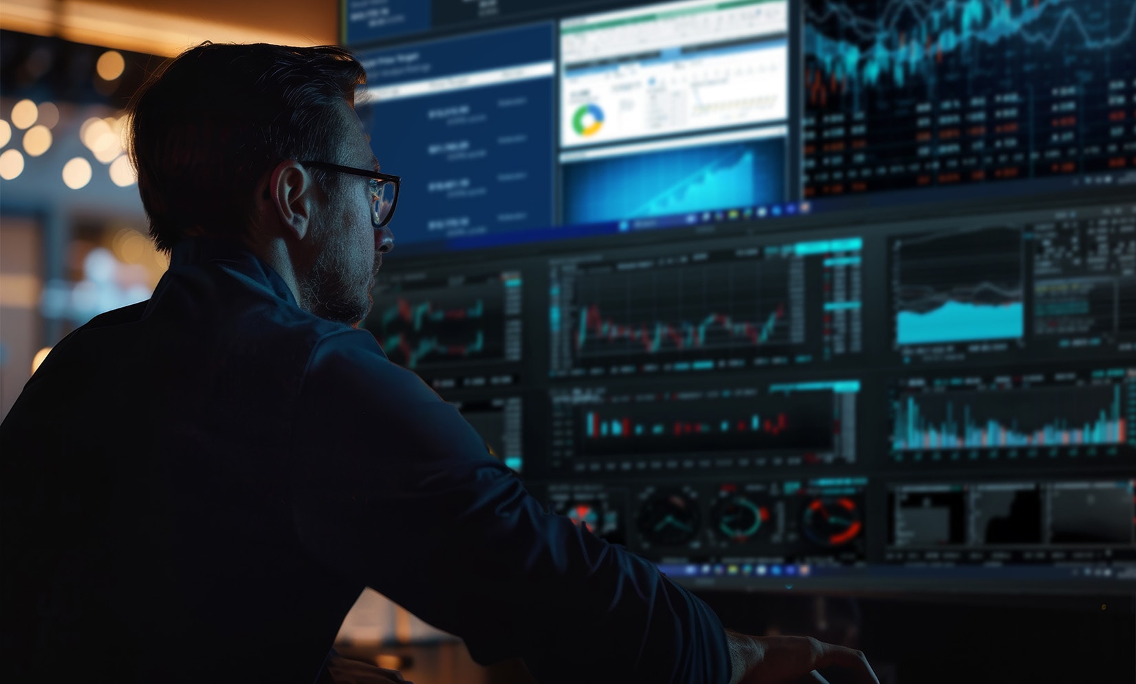 ThinkVision P40wd-40 monitor setup for financial analysis, showing multiple screens with charts and data, enabling efficient trading and data monitoring.