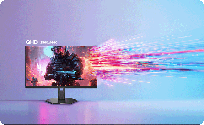 A modern gaming monitor Legion-27qd-10 showcased, with a man in the background actively participating in a gaming session. מסך מחשב גיימינג Legion 27QD-10 מבית Lenovo