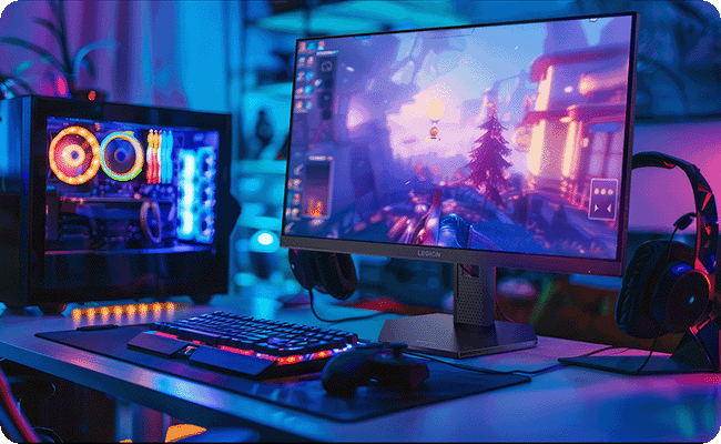 A desktop scene with the Legion-27qd-1 monitor, gaming mouse, and keyboard, ready for gaming or productivity tasks מסך מחשב גיימינג Legion 27QD-10 מבית Lenovo