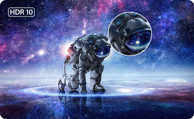 An astronaut drifts in the vastness of space, with distant stars twinkling around. Image shows the HDR10 brings every scene to life with dramatic contrast.