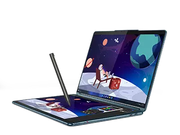 A Yoga Book opened, showing two screens and a pen resting on the lower one