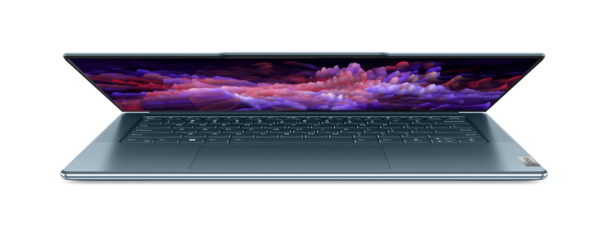 Μπροστινή λήψη από μισάνοιχτο Lenovo Yoga laptop