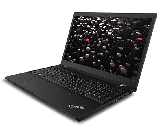 Front facing Lenovo ThinkPad T15p Gen 2 mobile workstation angled to show right side ports, keyboard, and screen.