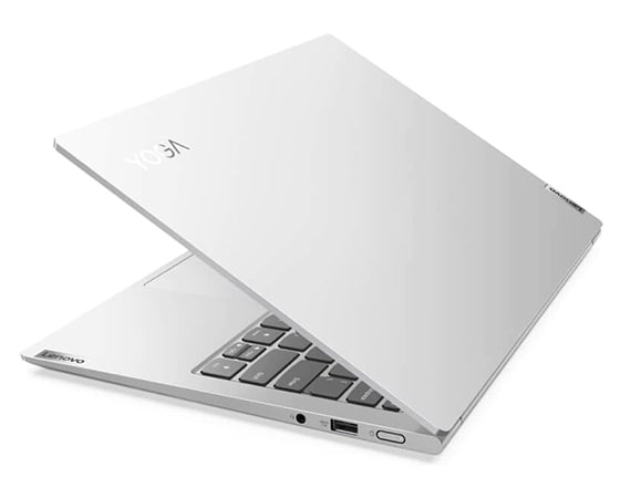 Lenovo Yoga Slim 7i Pro 14 silver laptop side view with lid partially closed