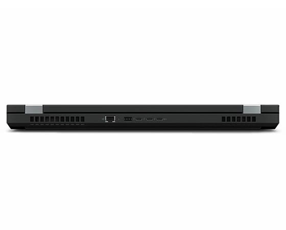 Head-on view of the rear of a closed ThinkPad P17 Gen 2 mobile workstation, showing the rear ports, air vents, and visible hinges.