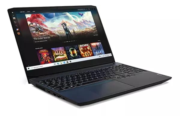 Laptop Lenovo IdeaPad Gaming 3i Gen 6 (Intel de 15 ''): vista frontal izquierda de 3/4 con la tapa abierta y el menú de la tienda de juegos en la pantalla
